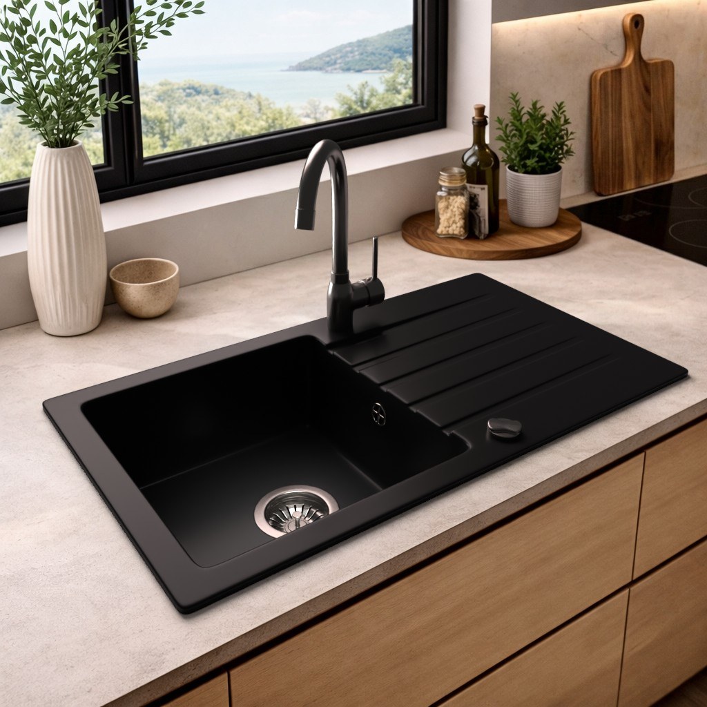 Granitspüle Modell MEG in Schwarz in der Küche
