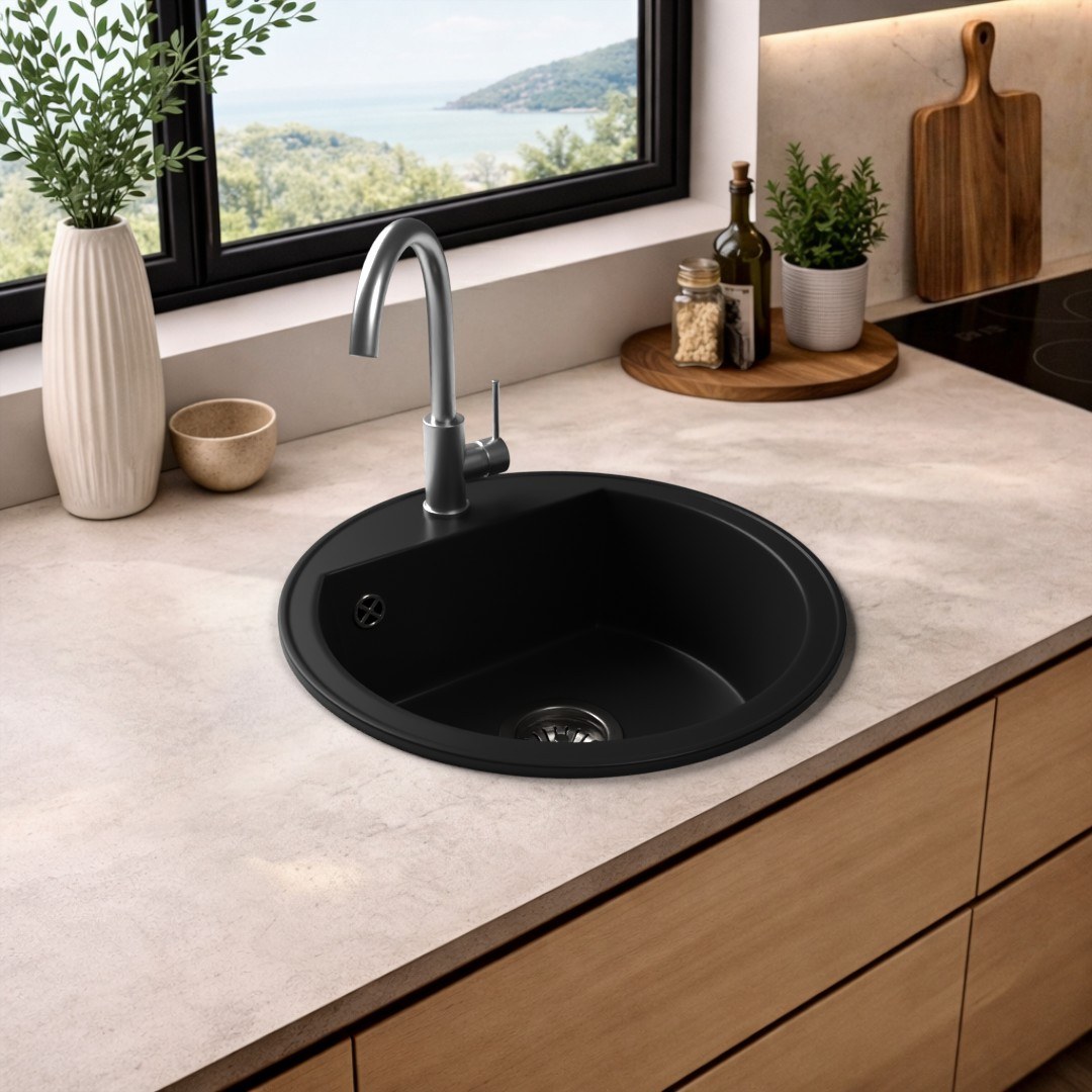 Granitspüle Modell TON in Schwarz in der Küche